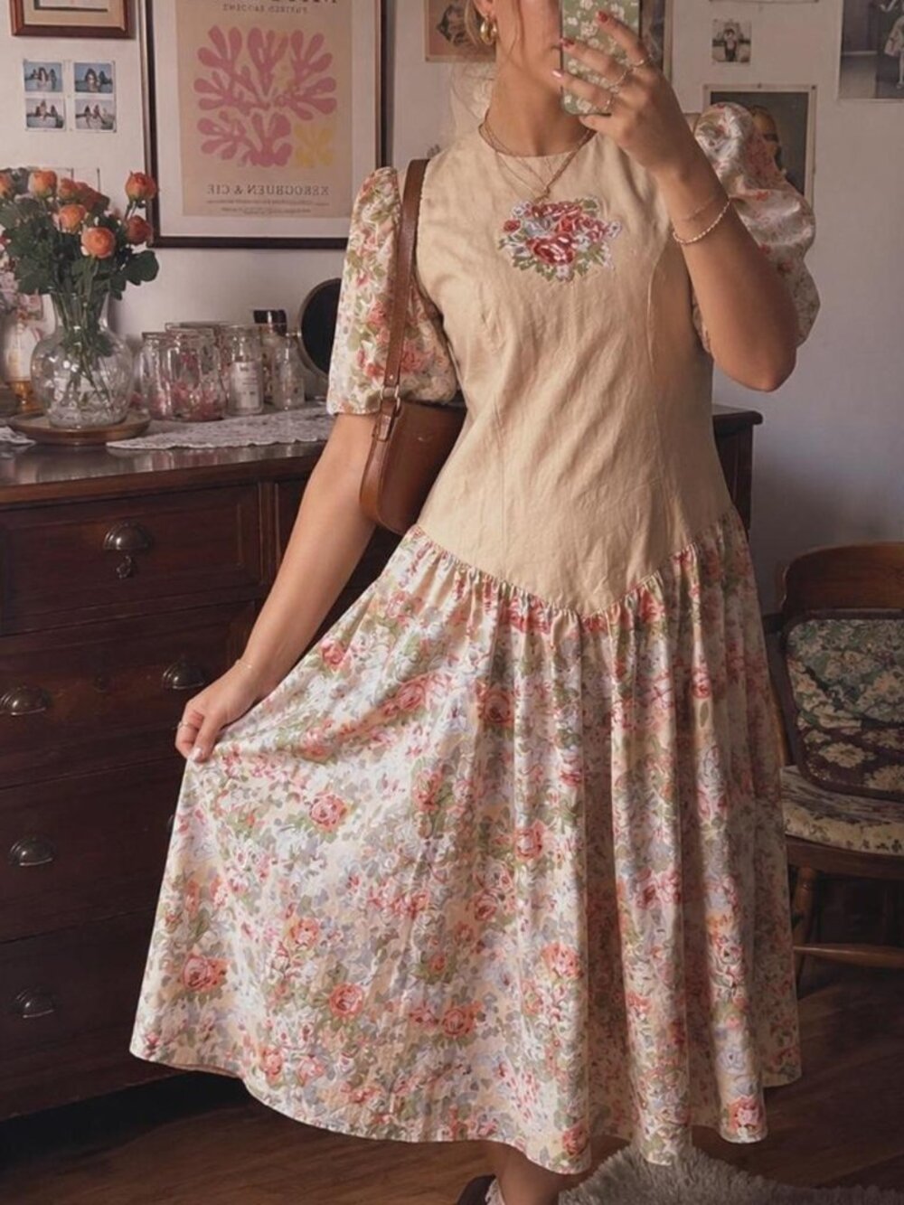 Vintage Cottagecore Drop-Waist Silhouette Linen Puff Sleeves Floral Maxi Dress M